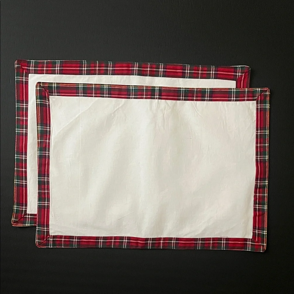 Set of 2 Christmas Holiday Placemats with Red Tartan Plaid Trim Border